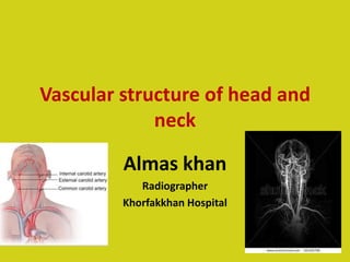 Vascular structure of head and
neck
Almas khan
Radiographer
Khorfakkhan Hospital
 