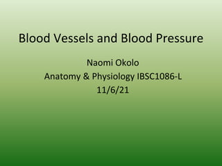 Blood Vessels and Blood Pressure
Naomi Okolo
Anatomy & Physiology IBSC1086-L
11/6/21
 