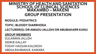 MINISTRY OF HEALTH AND SANITATION
SCHOOL OF CLINICAL SCIENCES
MAKAMBO – MAKENI
GROUP PRESENTATION
MODULE: PEDIATRICS
TOPIC: BLOODY DIARRHOEA
LECTURER(S): DR AMADU JALLOH/ DR ABUBAKARR KANU
GROUP MEMBERS
SULAIMAN JALLOH
SIDIKIE KALLAY
FODAY HASSAN KALOKOH
ABDULRAHMAN B. KAMARA
 