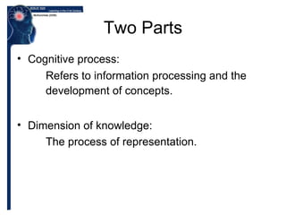 Two Parts Cognitive process: Refers to information processing and the  development of concepts.   Dimension of knowledge: The process of representation. 