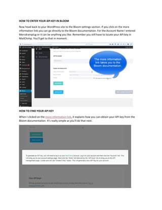HOW TO ENTER YOUR API KEY IN BLOOM
Now head back to your WordPress site to the Bloom settings section. If you click on the more
information link you can go directly to the Bloom documentation. For the Account Name I entered
Mercdrainplug or it can be anything you like. Remember you still have to locate your API key in
MailChimp. You’ll get to that in moment.
HOW TO FIND YOUR API KEY
When I clicked on the more information link, it explains how you can obtain your API key from the
Bloom documentation. It’s really simple as you’ll do that next.
 