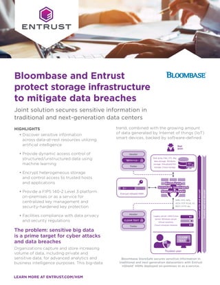 LEARN MORE AT ENTRUST.COM/HSM
Bloombase and Entrust
protect storage infrastructure
to mitigate data breaches
Joint solution secures sensitive information in
traditional and next-generation data centers
HIGHLIGHTS
• Discover sensitive information
across data-at-rest resources utilizing
artificial intelligence
• Provide dynamic access control of
structured/unstructured data using
machine learning
• Encrypt heterogeneous storage
and control access to trusted hosts
and applications
• Provide a FIPS 140-2 Level 3 platform
on-premises or as a service for
centralized key management and
security-hardened key protection
• Facilities compliance with data privacy
and security regulations
The problem: sensitive big data
is a prime target for cyber attacks
and data breaches
Organizations capture and store increasing
volume of data, including private and
sensitive data, for advanced analytics and
business intelligence purposes. This big-data
trend, combined with the growing amount
of data generated by Internet of things (IoT)
smart devices, backed by software-defined
Legacy server, UNIX/Linux
server, Windows server,
Virtual machine,
Cloud compute instance
Entrust nShield HSM
Trusted user
SMB, CIFS, NFS,
iSCSI, FCP, FCoE, S3,
REST, HTTP, etc.
Bad
guys
Header
Trailer
Disk array, Filer, VTL, Big
data storage, Windows
storage, Virtualized/HCI
storage, Cloud storage
Trusted
write
and
encrypt
Trusted
read
and
decrypt
CLEAR TEXT
Header
Trailer
^$8Yn+=@~
CLEAR
TEXT
^$8Yn
+=@~
Bloombase StoreSafe secures sensitive information in
traditional and next generation datacenters with Entrust
nShield® HSMs deployed on-premises or as a service.
 