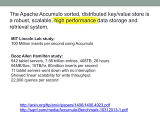 The Apache Accumulo sorted, distributed key/value store is
a robust, scalable, high performance data storage and
retrieval...