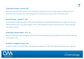 Chronology Soviet Grain Purchases – Summer 1972 The Soviet Union during the summer of 1972 purchased a huge amount of corn, wheat, soybean meal from the US in response to poor domestic crops, thus causing grain and soybean prices to soar in late 1972 and early 1973. Arab Oil Embargo – October 17, 1973 Arab members of OPEC halt exports of oil to the US in retaliation for supporting Israel during the Yon Kipper War. Oil prices triple from $3.50 to $10–11 per barrel range by 1974–75. The embargo lasts only 5 months (until March 1974) but the long-term impact is severe. US Recession and Bear Market – 1973 – 75 Serious US stock bear market emerge in response to the Arab Oil Embargo and the major US economic recession from Nov- 1973 to March- 1075. US citizens can legally own gold – 1975 US allows its citizens to own gold bullion. Owning gold was illegal from 1933-1974 except for jewellery and coin collecting. 