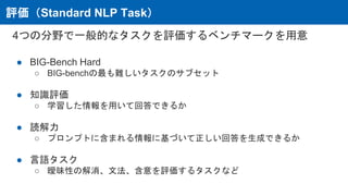 評価（Standard NLP Task）
4つの分野で一般的なタスクを評価するベンチマークを用意
● BIG-Bench Hard
○ BIG-benchの最も難しいタスクのサブセット
● 知識評価
○ 学習した情報を用いて回答できるか
● 読解力
○ プロンプトに含まれる情報に基づいて正しい回答を生成できるか
● 言語タスク
○ 曖昧性の解消、文法、含意を評価するタスクなど
 