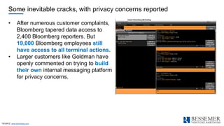 Some inevitable cracks, with privacy concerns reported
• After numerous customer complaints,
Bloomberg tapered data access...