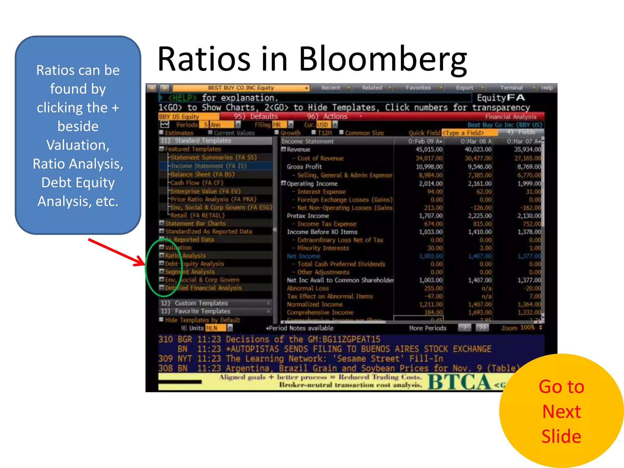 Ratios in BloombergRatios can be found by clicking the + beside Valuation, Ratio Analysis, Debt Equity Analysis, etc.Go to Next Slide