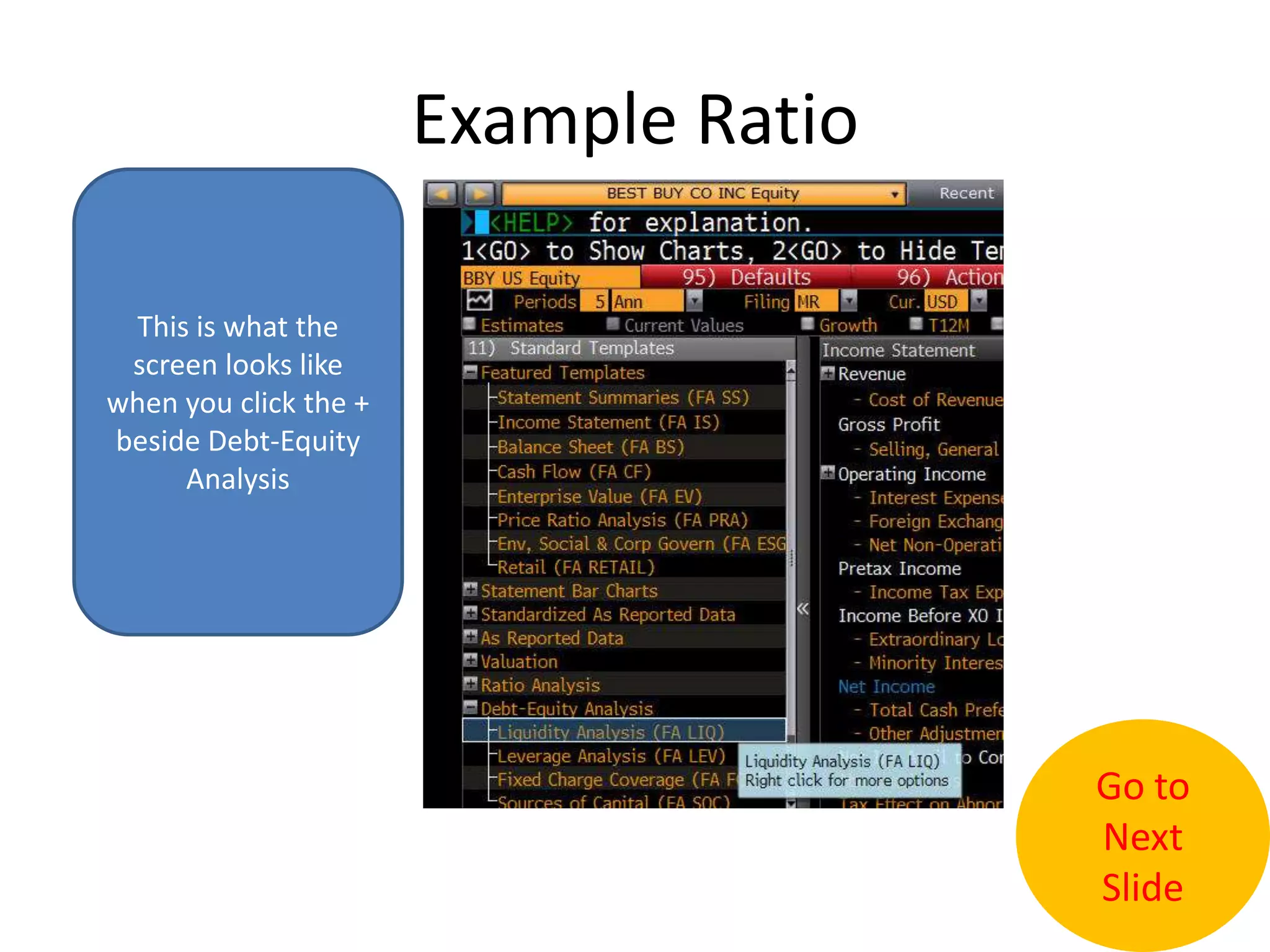 Example RatioThis is what the screen looks like when you click the + beside Debt-Equity AnalysisGo to Next Slide