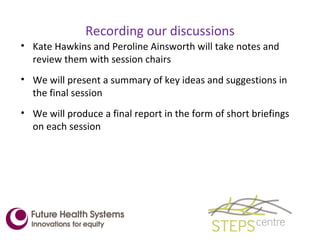Recording our discussions Kate Hawkins and Peroline Ainsworth will take notes and review them with session chairs We will present a summary of key ideas and suggestions in the final session We will produce a final report in the form of short briefings on each session 