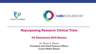Repurposing Research Clinical Trials
HX Refactored 2016 Boston
Dr. Bruce E. Bloom
President and Chief Science Officer
Cures Within Reach
 