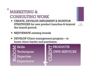 +
    MARKETING &
    CONSULTING WORK
    !  CREATE, DEVELOP, IMPLEMENT & MONITOR
       STRATEGIES for new product launches & beyond
       the launch period.
    !  REJUVENATE existing brands

    !  DEVELOP Client management program – to
       boost client loyalty and purchases.
            Skills                     PRODUCTS
    BLOOM




            Techniques        CLIENT   OWN SERVICES
            Expertise
            Experience
 