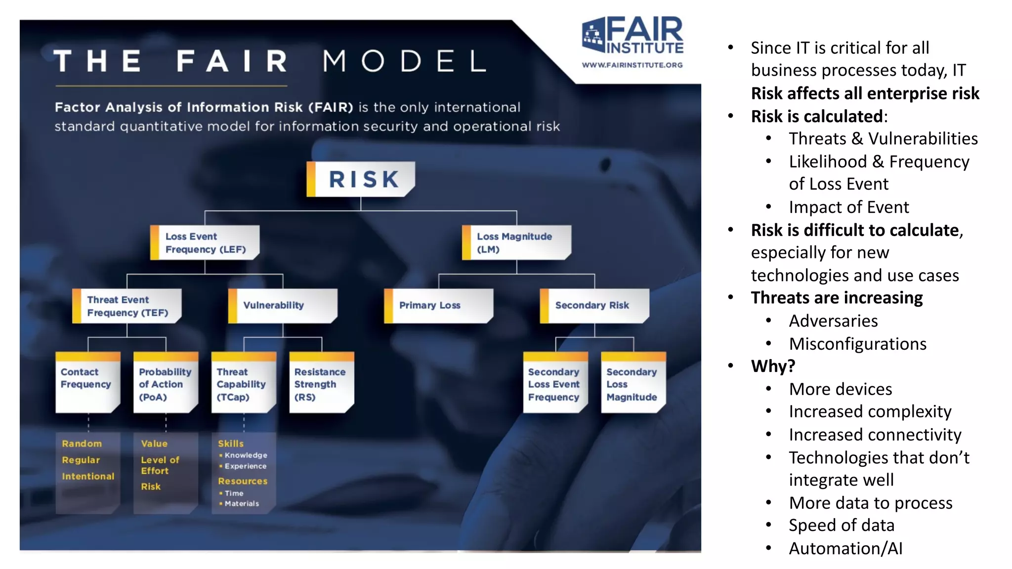 • Since IT is critical for all
business processes today, IT
Risk affects all enterprise risk
• Risk is calculated:
• Threats & Vulnerabilities
• Likelihood & Frequency
of Loss Event
• Impact of Event
• Risk is difficult to calculate,
especially for new
technologies and use cases
• Threats are increasing
• Adversaries
• Misconfigurations
• Why?
• More devices
• Increased complexity
• Increased connectivity
• Technologies that don’t
integrate well
• More data to process
• Speed of data
• Automation/AI
 