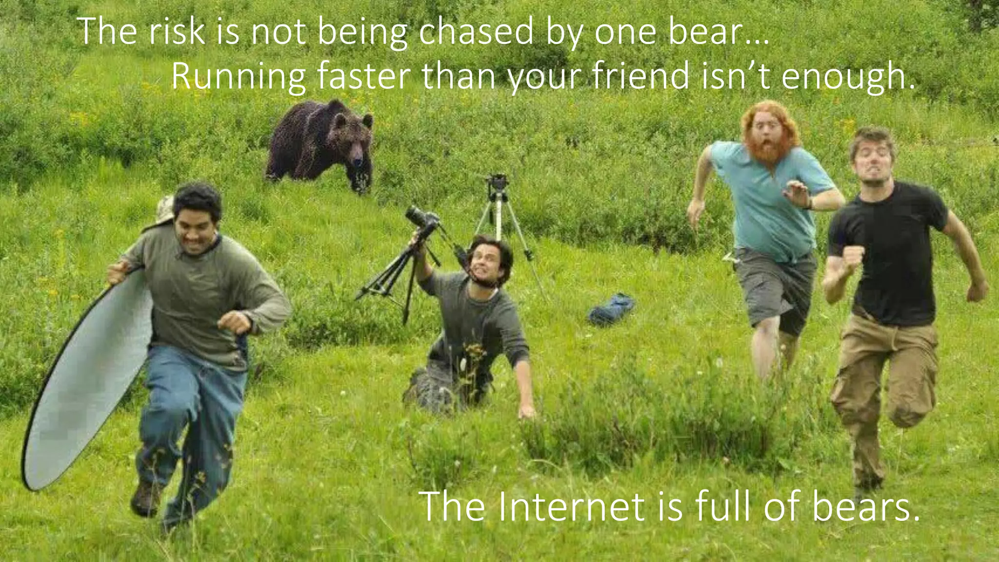 The risk is not being chased by one bear…
Running faster than your friend isn’t enough.
The Internet is full of bears.
 