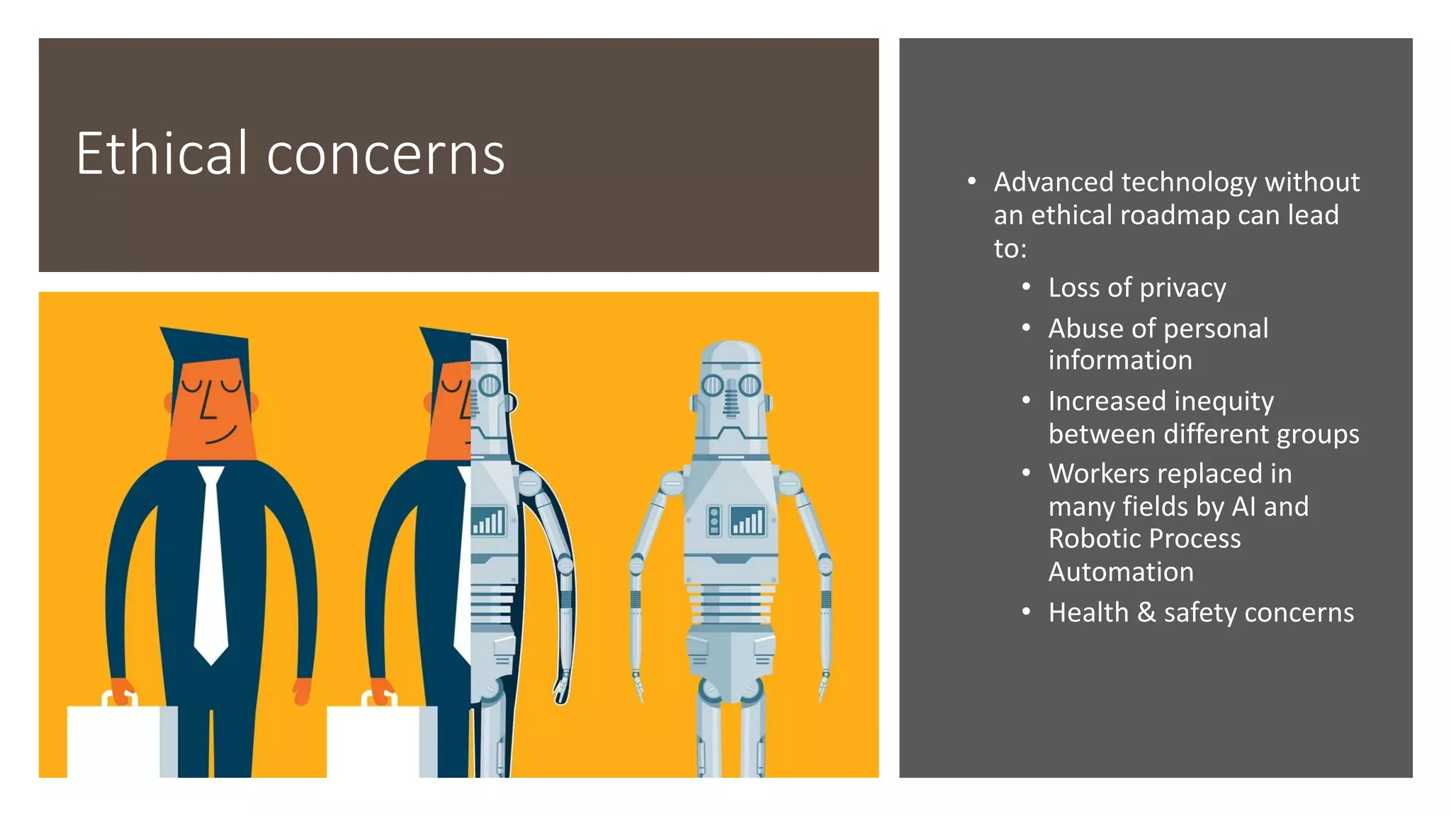 Ethical concerns • Advanced technology without
an ethical roadmap can lead
to:
• Loss of privacy
• Abuse of personal
information
• Increased inequity
between different groups
• Workers replaced in
many fields by AI and
Robotic Process
Automation
• Health & safety concerns
 