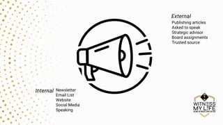 Internal
External
Newsletter
Email List
Website
Social Media
Speaking
Publishing articles
Asked to speak
Strategic advisor...