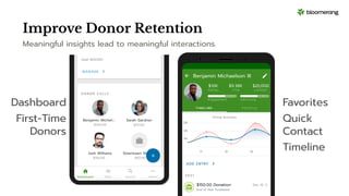 Improve Donor Retention
Meaningful insights lead to meaningful interactions.
Dashboard
First-Time
Donors
Favorites
Quick
C...