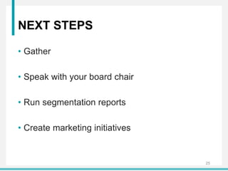 NEXT STEPS
• Gather
• Speak with your board chair
• Run segmentation reports
• Create marketing initiatives
25
 