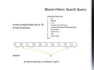 IsMember(Table,Key)
                                          1. i=0
                                          2. Repeat
                                          3. i=i+1
m bits array(initially set to 0)          4. hi is the ith hash funct
K hash functions                          5. until((i=k) Or(IsSet(Table[hi(key)])))
                                          6. if(i=k) then
                                          7. return true
                                          8. Else
                                          9. return false
                                          end


  1       0          1       0     0     1        0       1        0        1
      0       1          2                                          m-1         m




Search                                        y

                  It return true as y is there in set S
 