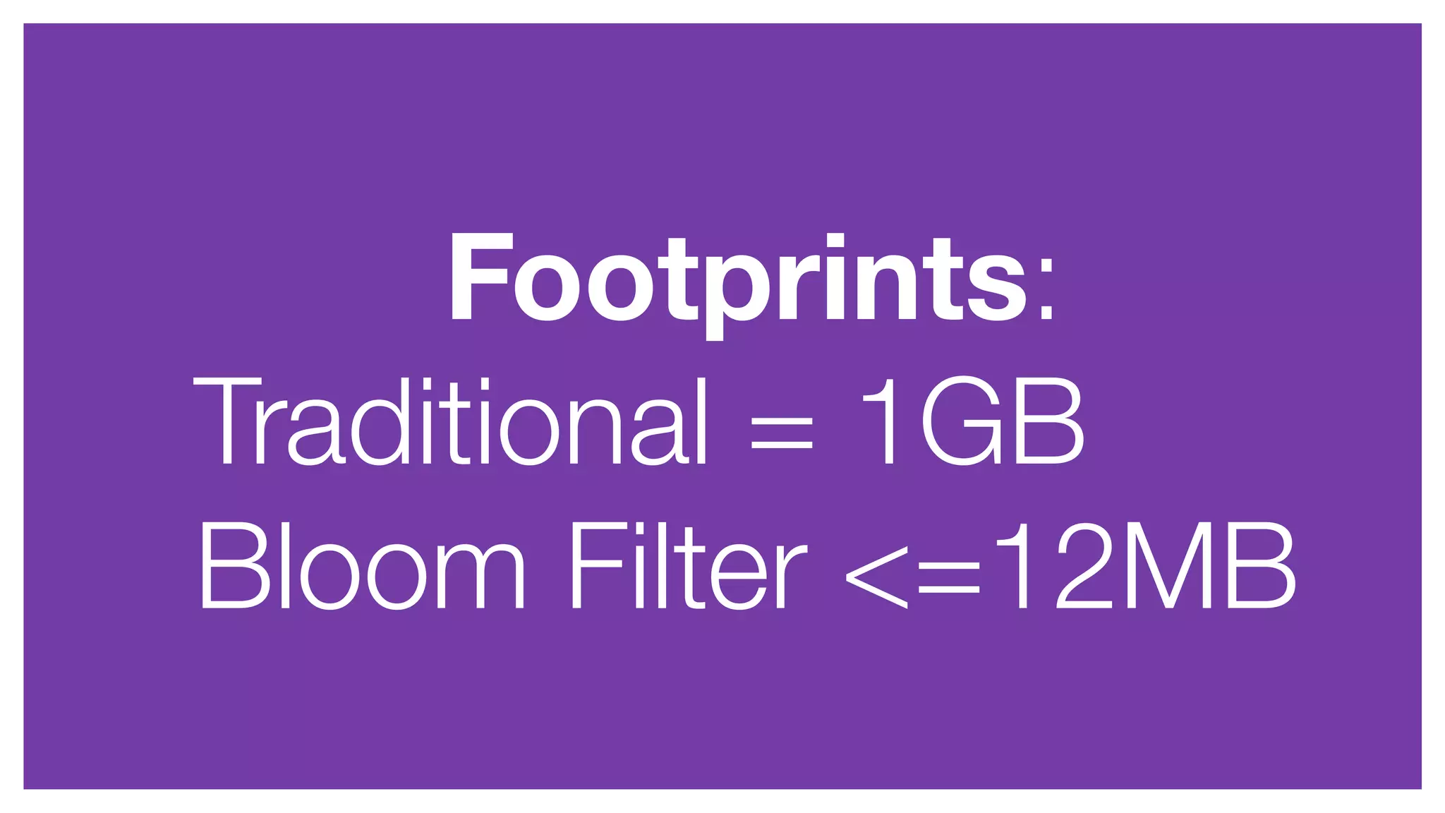 Footprints:
Traditional = 1GB
Bloom Filter <=12MB
 