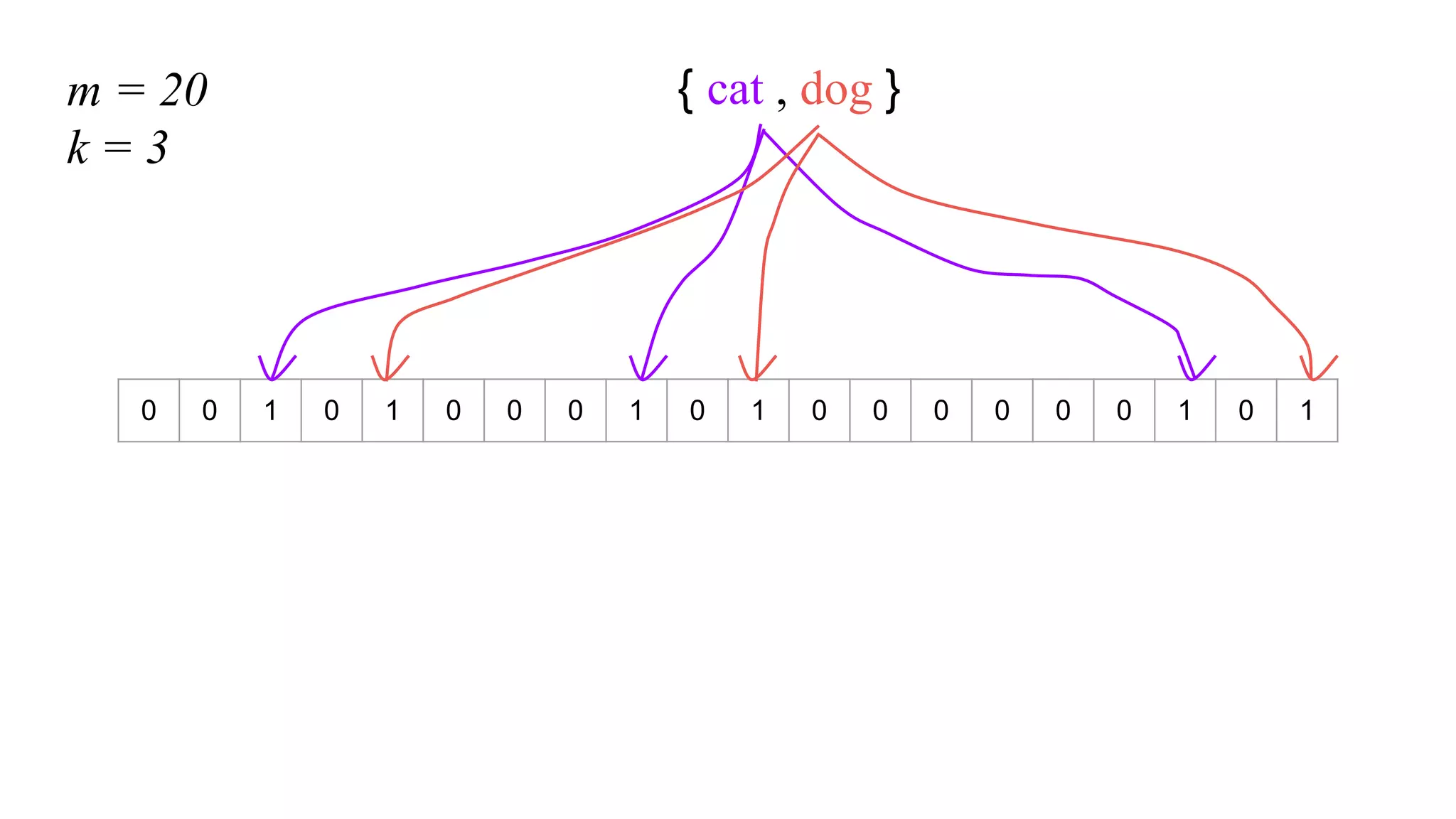 0 0 1 0 1 0 0 0 1 0 1 0 0 0 0 0 0 1 0 1
{ cat , dog }m = 20
k = 3
 