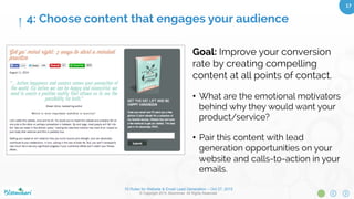 10 Rules for Website & Email Lead Generation – Oct 27, 2015
© Copyright 2015. Bloominari. All Rights Reserved.
17	
Lead generation content examples:
●  Top 10 tips on “How to solve XYZ faster”, or
“Build a better XYZ solution”.
●  White paper on a speciﬁc solution oﬀered by
your company.
●  Webinar on solutions for “How to help your
visitors do XYZ better”.
●  E-Course on “Doing XYZ the right way”
delivered by E-mail (1 email per week).
●  Free guides or booklets on whatever topic
you’re an expert on.
●  Special report on “how to / best ways to /
better ideas for XYZ”.
4: Choose content that engages your audience
 