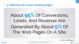 10 Rules for Website & Email Lead Generation – Oct 27, 2015
© Copyright 2015. Bloominari. All Rights Reserved.
19	
What is a landing page?
•  Single focus
•  Can be standalone or part of site
•  Visitors reached through search
What is their purpose?
•  Lead conversion
How to build them?
•  LeadPages, Hubspot, Wordpress
5: Optimize all of your landing pages.
 