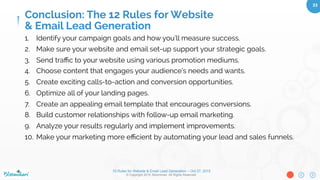 10 Rules for Website & Email Lead Generation – Oct 27, 2015
© Copyright 2015. Bloominari. All Rights Reserved.
33	
What method should you implement?
●  Depends on number of contacts, frequency of new
leads, length of sales cycle.
●  Care to automate your marketing and sales?
●  Can you aﬀord the pricier full marketing automation
software or prefer a less robust E-mail + CRM
separate solutions
Software Options
E-mail Marketing All about $20-30/ month for 500
contacts
●  Mailchimp
●  Constant Contact
●  Get Response
●  Aweber
●  Benchmark
●  Vertical Response
Full Marketing Automation
●  InfusionSoft - $200-300/month
●  Hubspot - $200 (100 contacts) or $800/month (1K)
●  Marketo - $895/month (1000 contacts)
10: Make your marketing more eﬃcient
by automating your lead and sales funnels.
 
