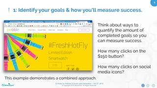 10 Rules for Website & Email Lead Generation – Oct 27, 2015
© Copyright 2015. Bloominari. All Rights Reserved.
5	
Use your understanding of
your industry, competitors’
practices, and your
audience to create
engaging and measurable
conversion opportunities
on your website.
1: Identify your goals & how you’ll measure success.
 