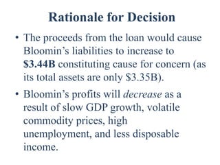 Rationale for Decision
• The proceeds from the loan would cause
  Bloomin’s liabilities to increase to
  $3.44B constituting cause for concern (as
  its total assets are only $3.35B).
• Bloomin’s profits will decrease as a
  result of slow GDP growth, volatile
  commodity prices, high
  unemployment, and less disposable
  income.
 