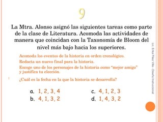 Acomoda los eventos de la historia en orden cronológico .  Redacta un nuevo final para la historia.  Escoge uno de los personajes de la historia como “mejor amigo” y justifica tu elección.  ¿Cuál es la fecha en la que la historia se desarrolla?   9 La Mtra. Alonso asignó las siguientes tareas como parte de la clase de Literatura. Acomoda las actividades de manera que coincidan con la Taxonomía de Bloom del nivel más bajo hacia los superiores . a. 1, 2, 3, 4 b. 4, 1, 3, 2 c.  4, 1, 2, 3 d.  1, 4, 3, 2 Lic. Erika Páez Villa - Diseño Instruccional 