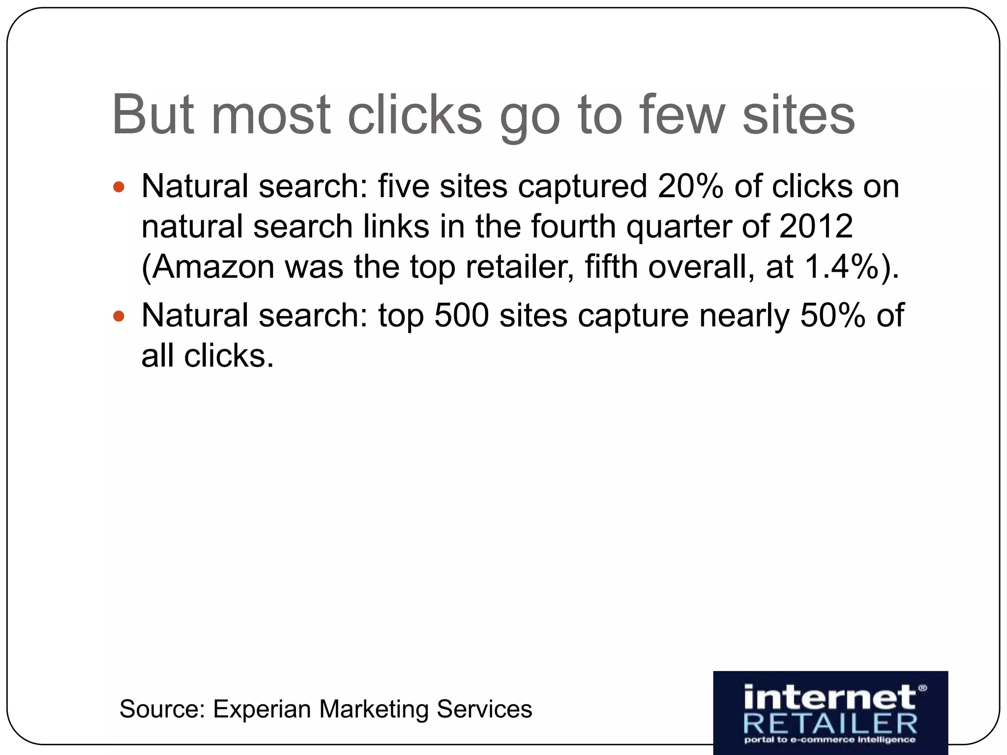But most clicks go to few sites
 Natural search: five sites captured 20% of clicks on
  natural search links in the fourth quarter of 2012
  (Amazon was the top retailer, fifth overall, at 1.4%).
 Natural search: top 500 sites capture nearly 50% of
  all clicks.




Source: Experian Marketing Services
 
