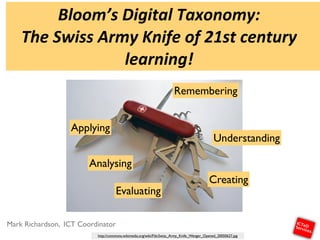Bloom’s'Digital'Taxonomy:'
The'Swiss'Army'Knife'of'21st'century'
learning!
Mark Richardson, ICT Coordinator
Creating
Understanding
Remembering
Evaluating
Analysing
Applying
http://commons.wikimedia.org/wiki/File:Swiss_Army_Knife_Wenger_Opened_20050627.jpg
 