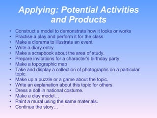 Applying:  Potential Activities and Products Construct a model to demonstrate how it looks or works Practise a play and perform it for the class Make a diorama to illustrate an event Write a diary entry Make a scrapbook about the area of study. Prepare invitations for a character’s birthday party Make a topographic map Take and display a collection of photographs on a particular topic. Make up a puzzle or a game about the topic. Write an explanation about this topic for others. Dress a doll in national costume. Make a clay model… Paint a mural using the same materials. Continue the story… 