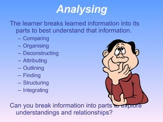 Analysing The learner breaks learned information into its parts to best understand that information. Comparing Organising Deconstructing Attributing Outlining Finding Structuring Integrating   Can you break information into parts to explore understandings and relationships?   