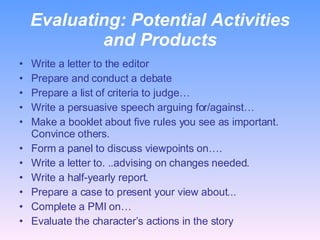 Evaluating:  Potential Activities and Products Write a letter to the editor Prepare and conduct a debate Prepare a list of criteria to judge… Write a persuasive speech arguing for/against… Make a booklet about five rules you see as important. Convince others. Form a panel to discuss viewpoints on…. Write a letter to. ..advising on changes needed. Write a half-yearly report. Prepare a case to present your view about... Complete a PMI on… Evaluate the character’s actions in the story 