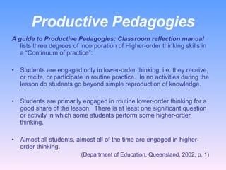 Productive Pedagogies A guide to Productive Pedagogies: Classroom reflection manual  lists three degrees of incorporation of Higher-order thinking skills in a “Continuum of practice”:   Students are engaged only in lower-order thinking; i.e. they receive, or recite, or participate in routine practice.  In no activities during the lesson do students go beyond simple reproduction of knowledge. Students are primarily engaged in routine lower-order thinking for a good share of the lesson.  There is at least one significant question or activity in which some students perform some higher-order thinking. Almost all students, almost all of the time are engaged in higher-order thinking.    (Department of Education, Queensland, 2002, p. 1)  