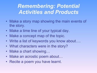 Remembering:  Potential Activities and Products <ul><li>Make a story map showing the main events of the story. </li></ul><...
