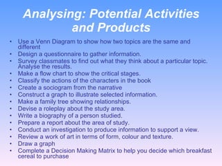 Analysing:  Potential Activities and Products <ul><li>Use a Venn Diagram to show how two topics are the same and different...