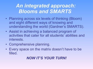 An integrated approach:  Blooms and SMARTS <ul><li>Planning across six levels of thinking (Bloom) and eight different ways...