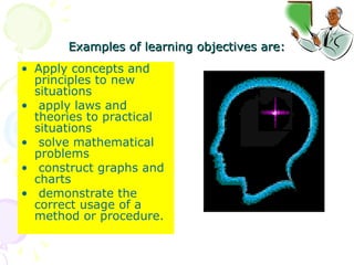 Examples of learning objectives are: Apply concepts and principles to new situations apply laws and theories to practical situations solve mathematical problems construct graphs and charts demonstrate the correct usage of a method or procedure.  