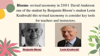 Blooms- revised taxonomy in 2001 David Anderson
one of the student by Benjamin Bloom’s student Lorin
Krathwahl this revised taxonomy is consider key tools
for teachers and instructors.
Benjamin Bloom Lorin Krathwahl
 