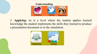 3. Applying- its is a level where the student applies learned
knowledge the student implements the skills they learned to produce
a presentation document or in the simulation.
Understanding
 