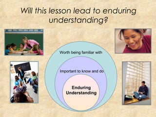 Will this lesson lead to enduring
understanding?
Worth being familiar with
Important to know and do
Enduring
Understanding
 