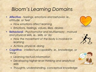 Bloom’s Learning Domains
• Affective - feelings, emotions and behavior, ie.,
attitude, or 'feel'
– How emotions affect learning
– Emotions, feelings, values, likes, desires
• Behavioral - Psychomotor and Multisensory - manual
and physical skills, ie., skills, or 'do'
– How the movement of the body is involved in
learning
– Actions, physical, doing
• Cognitive - intellectual capability, ie., knowledge, or
'think'
– Learning factual information
– Developing higher-level thinking and analytical
skills
– Thoughts, understanding, conceptual knowledge
 
