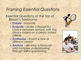 Framing Essential Questions
Essential Questions at the top of
Bloom’s Taxonomy
– Create - innovate
– Evaluate – make a thoughtful
choice between options, with the
choice based on a clearly stated
criteria
– Synthesize – invent a new or
different version
– Analyze – develop a thorough
and complex understanding
through skillful questioning.
 