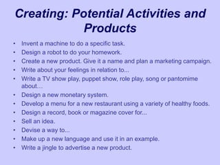 Creating: Potential Activities and
Products
• Invent a machine to do a specific task.
• Design a robot to do your homework.
• Create a new product. Give it a name and plan a marketing campaign.
• Write about your feelings in relation to...
• Write a TV show play, puppet show, role play, song or pantomime
about…
• Design a new monetary system.
• Develop a menu for a new restaurant using a variety of healthy foods.
• Design a record, book or magazine cover for...
• Sell an idea.
• Devise a way to...
• Make up a new language and use it in an example.
• Write a jingle to advertise a new product.
 
