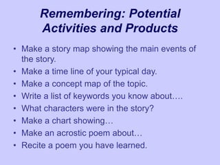 Remembering: Potential
Activities and Products
• Make a story map showing the main events of
the story.
• Make a time line of your typical day.
• Make a concept map of the topic.
• Write a list of keywords you know about….
• What characters were in the story?
• Make a chart showing…
• Make an acrostic poem about…
• Recite a poem you have learned.
 