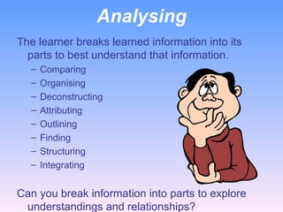Analysing The learner breaks learned information into its parts to best understand that information. Comparing Organising Deconstructing Attributing Outlining Finding Structuring Integrating   Can you break information into parts to explore understandings and relationships?   
