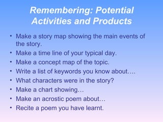 Remembering:  Potential Activities and Products Make a story map showing the main events of the story. Make a time line of your typical day. Make a concept map of the topic. Write a list of keywords you know about…. What characters were in the story? Make a chart showing… Make an acrostic poem about… Recite a poem you have learnt. 