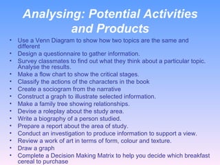 Analysing:  Potential Activities and Products Use a Venn Diagram to show how two topics are the same and different Design a questionnaire to gather information. Survey classmates to find out what they think about a particular topic. Analyse the results. Make a flow chart to show the critical stages. Classify the actions of the characters in the book Create a sociogram from the narrative Construct a graph to illustrate selected information. Make a family tree showing relationships. Devise a roleplay about the study area. Write a biography of a person studied. Prepare a report about the area of study. Conduct an investigation to produce information to support a view. Review a work of art in terms of form, colour and texture. Draw a graph Complete a Decision Making Matrix to help you decide which breakfast cereal to purchase 